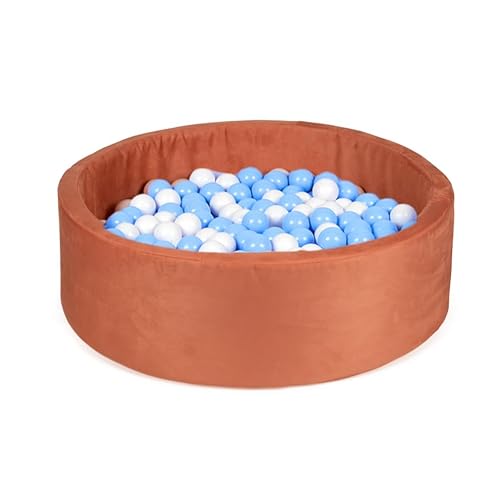 Gutekissen® Bällebad Kinder ∅100cm – Bällepool Baby Rund mit 200 Bällen – Spielpool für Kleinkinder – Indoor Spielspaß (Pfirsich Samt, Weiß/Blau) von Gutekissen
