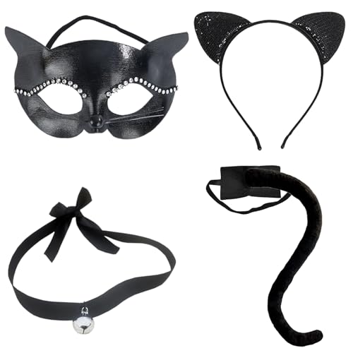 Guyode 4 Stück Katzenkostüm Kinder Erwachsene, Katzenohren Haarreif Schwanz Halskette Masken Katzenkostüm, Catwoman Kostüm für Damen Mädchen Karneval Fasching Halloween Mottoparty kostüm Guyode 4 Stück Katzenkostüm Kinder Erwachsene, Katzenohren Haarreif Schwanz Halskette Masken Katzenkostüm, Catwoman Kostüm für Damen Mädchen Karneval Fasching Halloween Mottoparty kostüm von Guyode