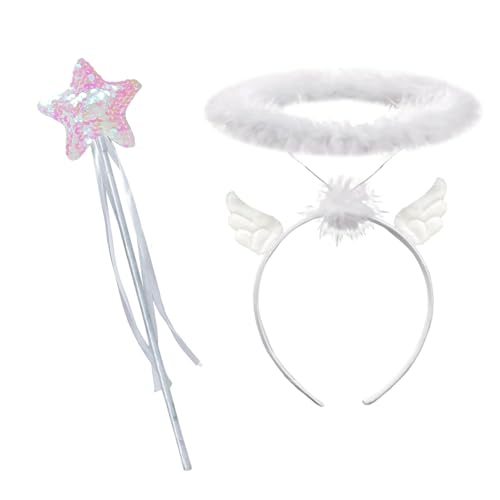 Guyode Engel Kostüm Damen Accessoire, Weiß Heiligenschein Engel und Zauberstab, Engelskostüm Zubehör Fasching, Haarschmuck Accessoire für Halloween Weihnachten Karneval Erwachsenes Kinder von Guyode