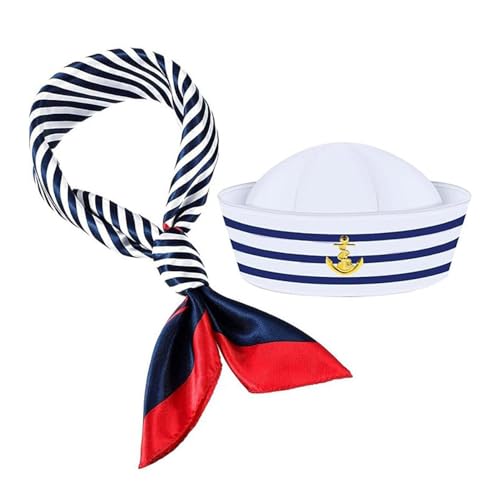 Gvblkq Marineblaues Matrosenkleid, Matrosen-Kostüm für Erwachsene, Matrosenuniform, gestreift, Matrosenmütze und Schal, Yachtkapitän-Mütze, Seemannskappe, Einheitsgröße, marineblaues Outfit, von Gvblkq
