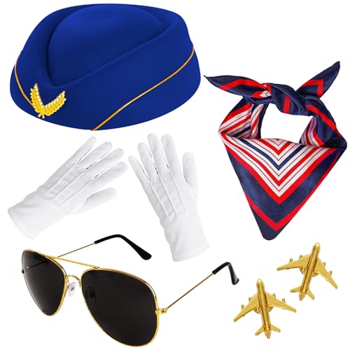 6 Stück Flugbegleiter-Kostüm-Zubehör für Damen, Flugbegleiter, Flugbegleiter, Hut, Anstecknadel, Sonnenbrille, Schal, Handschuhe, Königsblau, Einheitsgröße 6 Stück Flugbegleiter-Kostüm-Zubehör für Damen, Flugbegleiter, Flugbegleiter, Hut, Anstecknadel, Sonnenbrille, Schal, Handschuhe, Königsblau, Einheitsgröße von Gvhntk