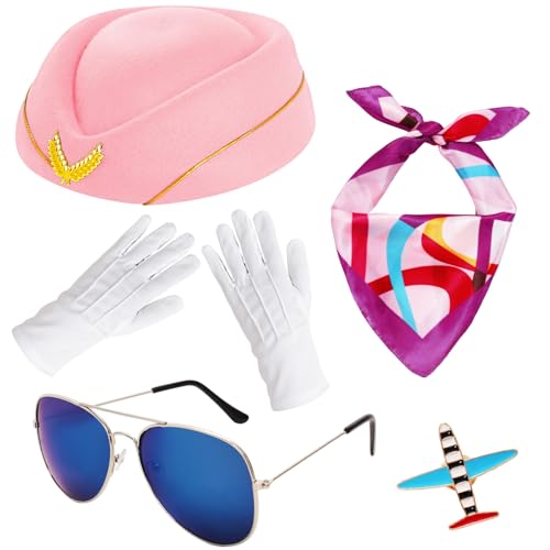 6 Stück Flugbegleiter-Kostüm-Zubehör für Damen, Flugbegleiter, Flugbegleiter, Hut, Anstecknadel, Sonnenbrille, Schal, Handschuhe, Pink, Einheitsgröße 6 Stück Flugbegleiter-Kostüm-Zubehör für Damen, Flugbegleiter, Flugbegleiter, Hut, Anstecknadel, Sonnenbrille, Schal, Handschuhe, Pink, Einheitsgröße von Gvhntk