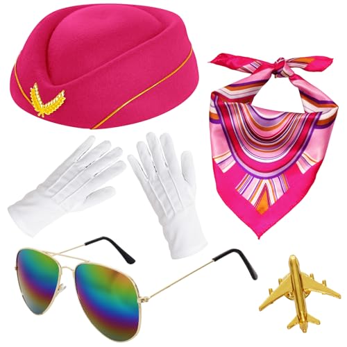 6 Stück Flugbegleiter-Kostüm-Zubehör für Damen, Flugbegleiter, Flugbegleiter, Hut, Anstecknadel, Sonnenbrille, Schal, Handschuhe, Rosenrot, Einheitsgröße 6 Stück Flugbegleiter-Kostüm-Zubehör für Damen, Flugbegleiter, Flugbegleiter, Hut, Anstecknadel, Sonnenbrille, Schal, Handschuhe, Rosenrot, Einheitsgröße von Gvhntk