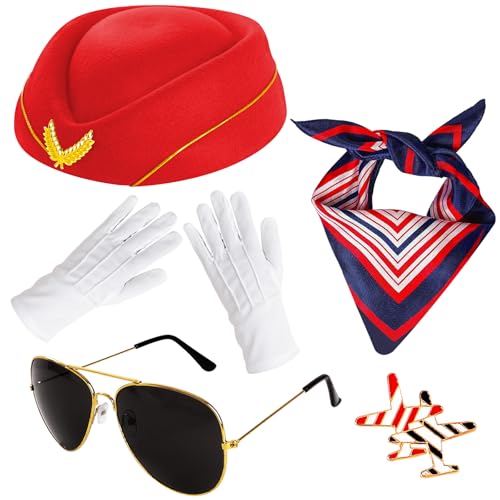 6 Stück Flugbegleiter-Kostüm-Zubehör für Damen, Flugbegleiter, Flugbegleiter, Hut, Anstecknadel, Sonnenbrille, Schal, Handschuhe, Rot/Ausflug, einfarbig (Getaway Solids), Einheitsgröße von Gvhntk