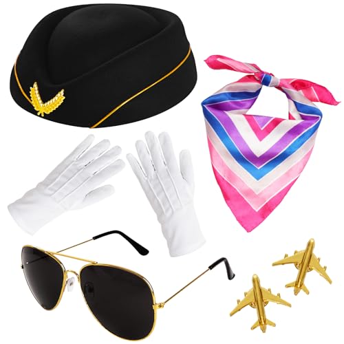 6 Stück Flugbegleiter-Kostüm-Zubehör für Damen, Flugbegleiter, Flugbegleiter, Hut, Anstecknadel, Sonnenbrille, Schal, Handschuhe, Schwarz, Einheitsgröße 6 Stück Flugbegleiter-Kostüm-Zubehör für Damen, Flugbegleiter, Flugbegleiter, Hut, Anstecknadel, Sonnenbrille, Schal, Handschuhe, Schwarz, Einheitsgröße von Gvhntk