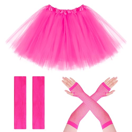 Gvhntk 80er Jahre Kostüm Outfits Zubehör für Frauen Fancy Outfits Tutus Rock Beinwärmer Fischnetz Handschuhe für Cosplay Mottoparty, Knallpink (Hot Pink), Einheitsgröße von Gvhntk