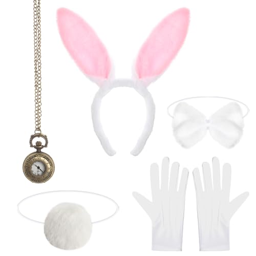 Gvhntk Weißes Osterhasen-Kostüm, Kostümzubehör, Tierohren, Stirnband, Fliege, Schwanz, Uhr, Halskette, Nasenset Gvhntk Weißes Osterhasen-Kostüm, Kostümzubehör, Tierohren, Stirnband, Fliege, Schwanz, Uhr, Halskette, Nasenset von Gvhntk