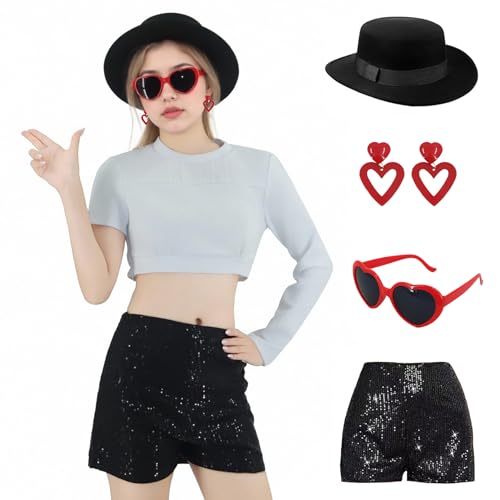 Gvnphal Halloween-Sänger-Kostüm, schwarz, Bowler-Hut, Herz, Ohrringe, Sonnenbrille, Pailletten, Shorts für Musik, Festival, Konzert, 4 Stück, Schwarz, Small von Gvnphal