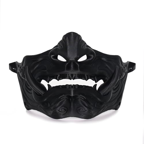 Gwezmxs Oni Maske für Samurai Cosplay, Cyberpunk Ghostface mit Reißzähnen (Schwarz) von Gwezmxs