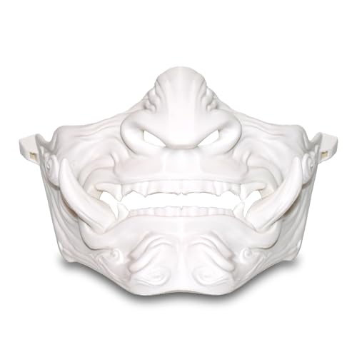 Gwezmxs Oni Maske für Samurai Cosplay, Cyberpunk Ghostface mit Reißzähnen (Weiß) von Gwezmxs