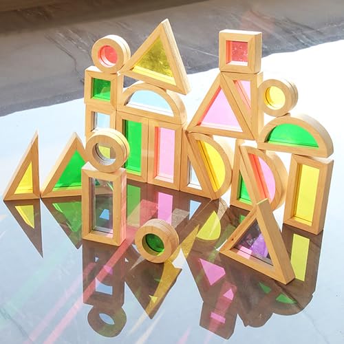 Gwezmxs Regenbogen Holzspielzeug – Holz-Acryl-Bausteine Kinder 24er-Set, Holzbausteine zur Förderung der Form- & Farberkennung‌, Acrylic Building Blocks von Gwezmxs