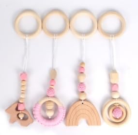 Gxdamxz Spielbogen Anhänger Baby Holz für Babyschale Kinderwagen Autositz Spielzeug, Rosa - 4 Stück von Gxdamxz