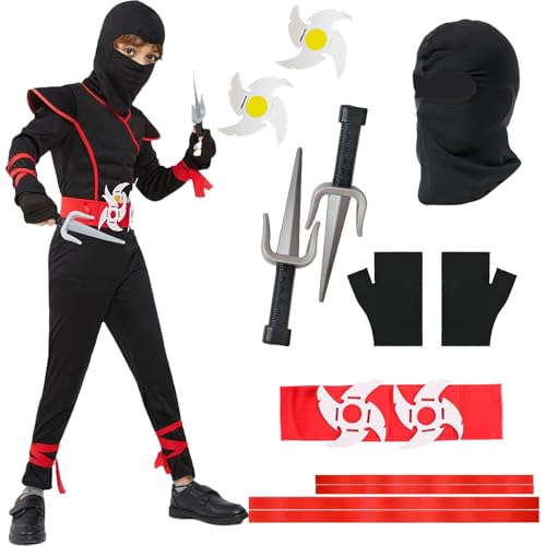 13 Stück Kinderkostüm Ninja Set, Ninja Cosplay Zubehör Set mit Ninja-Kleidung und Waffen, Ninja Rollenspiel Kostüm Jungen & Mädchen, Cosplay Kostüm für Karneval Halloween 13 Stück Kinderkostüm Ninja Set, Ninja Cosplay Zubehör Set mit Ninja-Kleidung und Waffen, Ninja Rollenspiel Kostüm Jungen & Mädchen, Cosplay Kostüm für Karneval Halloween von Gxhong