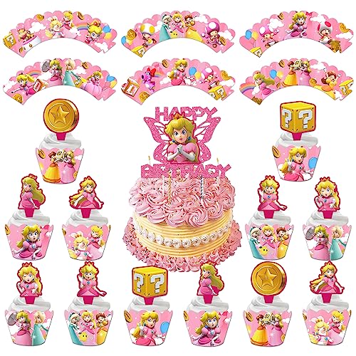 25 Stück Princess Peach Tortendeko, Prinzessin Cupcake Wrappers, Cartoon Kuchendeckel, Muffin Backen Kuchenaufsätze, Happy Birthday Cake Topper, für Kinder Geburtstag Party, Babyparty von Gxhong
