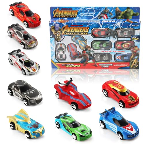 Gxhong Cartoon-Themed Helden Cars Auto Spielzeug Set, 9 Stück Rennauto Mini Autos, Zurückziehmechanismus, Robustes Material, Für Kinder ab 3 Jahren von Gxhong