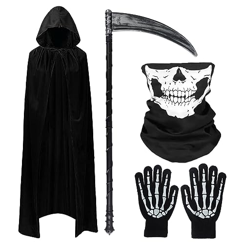 Gxhong 4Pcs Halloween Kostüm Sensemann, Halloween Costume Schwarz, Halloween Umhang Sensemann mit Kapuze Skeletthandschuhe Maske Sichel Set, Sensemann Cosplay Erwachsene Kostüm von Gxhong