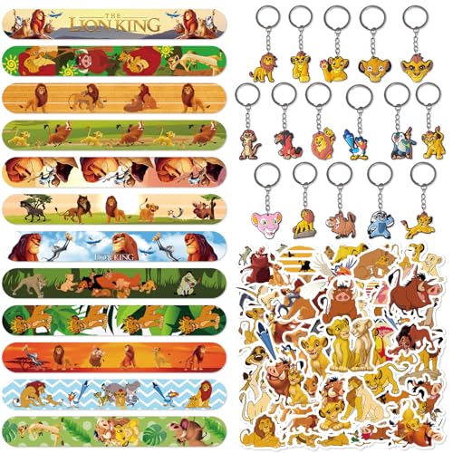 Gxhong 78 Stück König der Löwen Mitgebsel Geburtstag, The Lio Party Mitgebsel Set, 12 Schnapparmbänder, 16 Schlüsselanhänger, 50 Aufkleber, Dschungel Safari Party Zubehör, für Kinder Jungen Mädche von Gxhong