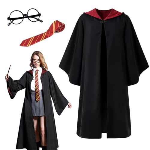 Magier Robe, Zauberer Robe für Erwachsene Kinder, Zauberer Cosplay Kostüm, Zauberer Umhang Kostüm set mit Krawatte Brille, Zaubererrobe für Karneval Cosplay Kostüm Verkleidung Party (M, Rot) von Gxhong