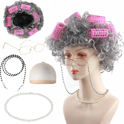 Old Lady Kostüm Set, Graues Oma-Perücken-Set mit 6 Rosaroten Lockenwicklern, Oma Perücke, Perücke Kappe, Oma Brille, Brillen Ketten und Perlenkette, Großmutter Cosplay Zubehör, für Karneval Halloween Old Lady Kostüm Set, Graues Oma-Perücken-Set mit 6 Rosaroten Lockenwicklern, Oma Perücke, Perücke Kappe, Oma Brille, Brillen Ketten und Perlenkette, Großmutter Cosplay Zubehör, für Karneval Halloween von Gxhong