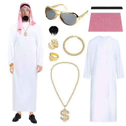 Gxlaihly Arabisches Scheich Kostüm Herren,Arab Man Robe Cosplay Kostüm,Kostüm Scheich Araber,Arabisches Weißes Gewand mit Kopftuch,Finger Ring,Halsketten,Armband,Sonnenbrillen für Party,Cosplay (XXL) von Gxlaihly