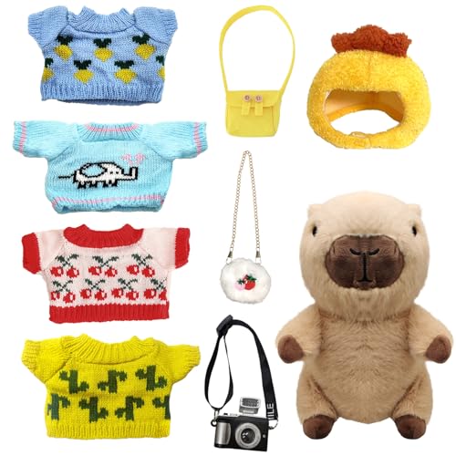 Gxlaihly Capybara Plüschtier, 23cm Capybara Kuscheltier, Mit Kleidung Tasche Hut, Capybara-Stofftier, Capybara-Stofftier, Gefüllter Capybara für Geburtstagsgeschenk (D-9-teiliges Set) von Gxlaihly