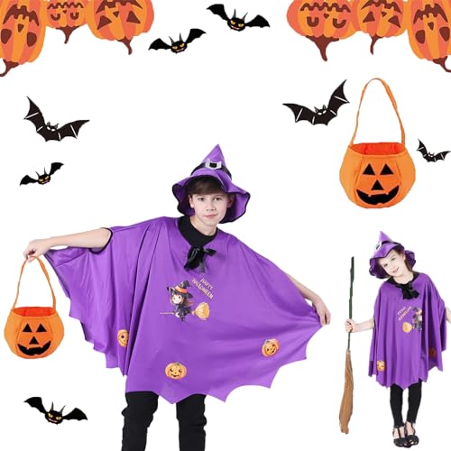 Gxlaihly Kind kürbis fledermaus kostüm,Halloween Fledermaus Kostüm Kinder,Kinder Fledermaus Umhang Kostüme,Wizard cape witch umhang,mit hut unt Kürbis Candy Bag,für Kinder Jungen Mädchen Cosplay(Lila) von Gxlaihly