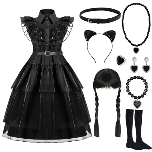Gxlaihly Kinder Mittwoch Kostüm,Mittwoch Kostüm Kleid Kinder Gotisch Kostüm,Mittwoch Kostüm Kleid Kinder Prinzessin Schwarz Kleid Halloween Karneval Familie Cosplay Kostüm von Gxlaihly