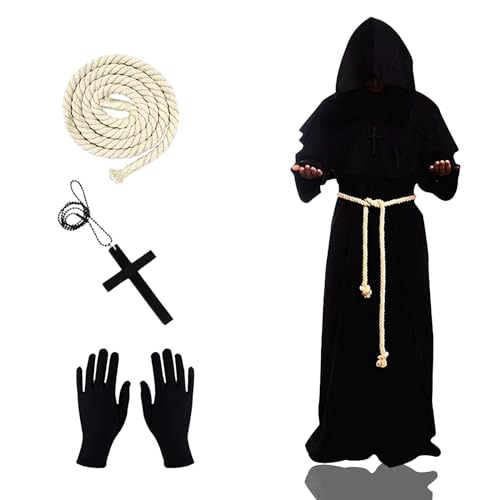 Gxlaihly Mönch Robe Kostüm,Priester Robe Kostüm,Mönch Priester Gewand,Herren Hooded Mönch Kostüm mit Kreuz-Halskette,Handschuhe,Gürtel,Kapuzenmönch Mönch Priester Kostüm für Halloween Cosplay (L) von Gxlaihly