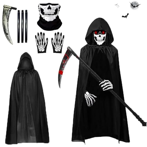 Gxlaihly Sensenmann Kostüm,Grim Reaper Kostüm Erwachsene,Halloween-Umhang mit Kapuze,mit Schädelmaske,Sense,Skelett Handschuhe,Sensenmann Umhang mit Kapuze für Halloween Dekoration,Cosplay,Karneval von Gxlaihly