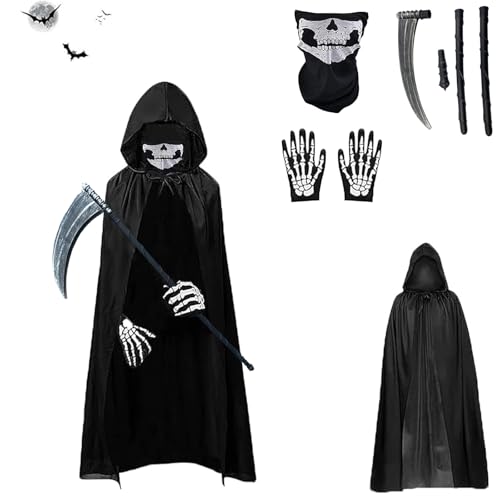 Gxlaihly Sensenmann Kostüm,Grim Reaper Kostüm Kinder,Halloween-Umhang mit Kapuze,mit Schädelmaske,Sense,Skelett Handschuhe,Sensenmann Umhang für Halloween,Cosplay,Karneval (Kind-B) von Gxlaihly