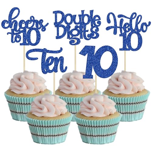 Cupcake-Topper zum 10. Geburtstag, 10 Doppel-Cupcake-Picks, Cheers to 10 Years Old Kuchendekorationen für den 10. Geburtstag, Partyzubehör, dunkelblauer Glitzer, 30 Stück von Gyufise