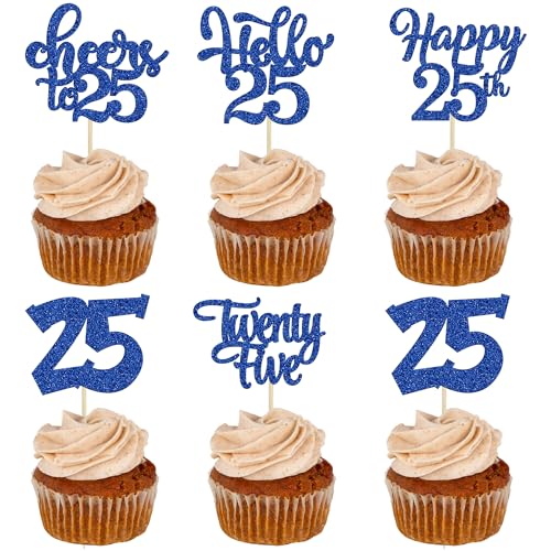 Cupcake-Topper zum 25. Geburtstag, 25. Geburtstag, 25. Geburtstag, Kuchendekorationen für 25. Geburtstag, Partyzubehör, dunkelblauer Glitzer, 30 Stück von Gyufise
