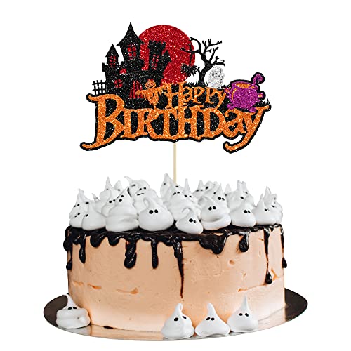 Gyufise 1 Packung Halloween Happy Birthday Kuchen Topper Glitzer Halloween Zauberer Geist Kuchen Pick Dekoration für Geist Zauberer Hexe Herbst Themed Kuchen Geburtstag Party Supplies von Gyufise