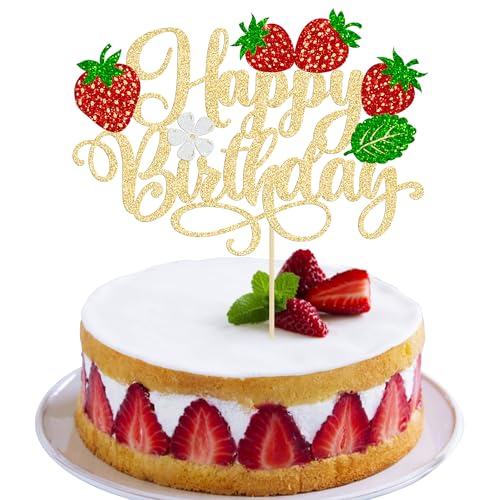 Gyufise 1 x Erdbeer-Kuchenaufsatz "Happy Birthday", Glitzer-Erdbeer-Kuchenaufsatz für Obst-Thema, Babyparty, Kindergeburtstag, Party, Obstparty, Kuchendekorationen, Zubehör, Rosa von Gyufise