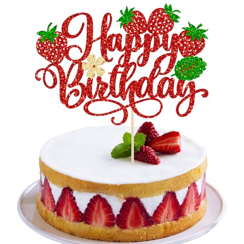 Gyufise 1 x Erdbeer-Kuchenaufsatz "Happy Birthday", Glitzer-Erdbeer-Kuchenaufsatz für Obst-Thema, Babyparty, Kindergeburtstag, Party, Obstparty, Kuchendekorationen, Zubehör, Rot von Gyufise