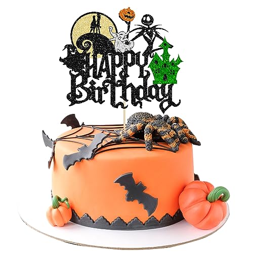 Gyufise 1 x Halloween-Kuchenaufsatz 'Happy Birthday', Glitzer, Jack und Sally, Kürbis, Fledermaus, Schloss, Geist, für Halloween, Motto-Party, Babyparty, Kindergeburtstag, Party Gyufise 1 x Halloween-Kuchenaufsatz 'Happy Birthday', Glitzer, Jack und Sally, Kürbis, Fledermaus, Schloss, Geist, für Halloween, Motto-Party, Babyparty, Kindergeburtstag, Party von Gyufise