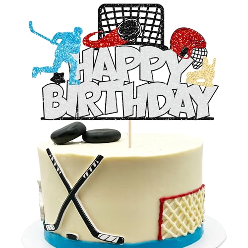 Gyufise 1 x Hockey-Kuchenaufsatz "Happy Birthday", Glitzer, Eishockey-Spieler, Sportthema, Kuchendekoration für Hockey-Thema, Babyparty, Jungen, Mädchen, Geburtstagsparty-Zubehör, Weiß Gyufise 1 x Hockey-Kuchenaufsatz "Happy Birthday", Glitzer, Eishockey-Spieler, Sportthema, Kuchendekoration für Hockey-Thema, Babyparty, Jungen, Mädchen, Geburtstagsparty-Zubehör, Weiß von Gyufise