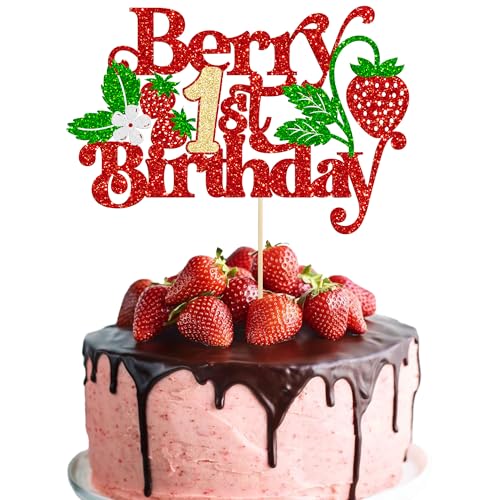 Gyufise 1 x Tortenaufsatz zum 1. Geburtstag, glitzernd, süßes Obst-Thema, Erster Geburtstag, Erdbeere, ein Kuchenpicker für Erdbeer-Thema, Babyparty, Kinder, 1. Geburtstag, Party-Kuchendekoration, Rot von Gyufise