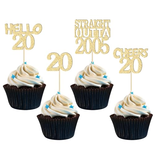 Gyufise 24 Stück 20. Cupcake Toppers Glitter Twenty Straight Outta 2003 Cupcake Picks Cheers to 20 Years Birthday Cake Decorations for Happy 20th Birthday Anniversary Party Supplies Gold von Gyufise