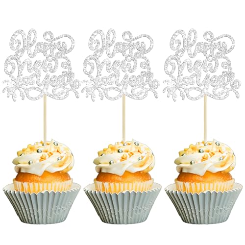 Gyufise 24 Stück 2025 Happy New Years Cupcake Toppers Silber Glitzer 2025 Happy New Year Party Dekorationen für Happy 2025 Cheers to 2025 Hello 2025 Silvester Party Dekorationen Supplies von Gyufise
