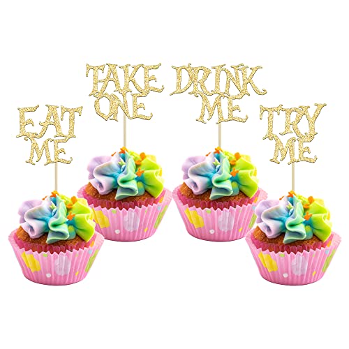 Gyufise 24 Stück Alice im Wunderland CupcakeTopper Gold Glitter Try Me Take One Eat Me Cupcake Picks für Märchenwunderland Thema Babyparty Kinder Jungen Mädchen Geburtstag Party Kuchen Dekorationen von Gyufise