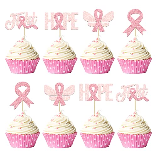 Gyufise 24 Stück Brustkrebs-Bewusstseins-Cupcake-Topper Glitzer Rosa Band Fight Beliveve Hope Cupcake Picks Dekorationen für rosa Band Party Kuchen Dekorationen Zubehör von Gyufise