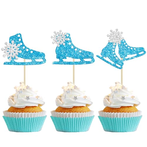 Gyufise 24 Stück Eislauf-Cupcake-Topper Glitzer Eissport Thema Cupcake Picks Dekoration für Skating Thema Babyparty Kinder Geburtstag Party Zubehör Blau von Gyufise
