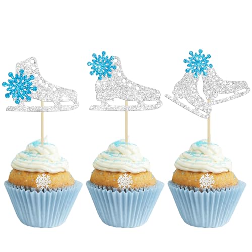 Gyufise Cupcake-Aufsätze für Eislaufen, Glitzer, Schneeflocke, Eissport, Cupcake-Picks, Babyparty, Kuchendekorationen für Skaten, Kindergeburtstag, Partyzubehör, Silber, 24 Stück von Gyufise