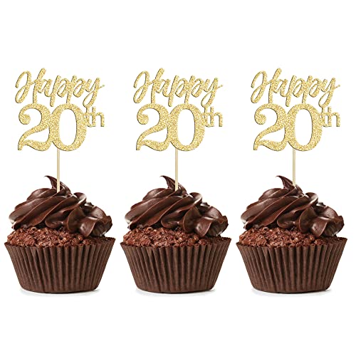 Gyufise Cupcake-Aufsätze "Happy 20th", glitzernd, Zahl 20, Twenty Cheers to 20, Cupcake-Essenspieße, Dekorationen für 20. Geburtstag, Hochzeitstag, Partyzubehör, Gold, 24 Stück Gyufise Cupcake-Aufsätze "Happy 20th", glitzernd, Zahl 20, Twenty Cheers to 20, Cupcake-Essenspieße, Dekorationen für 20. Geburtstag, Hochzeitstag, Partyzubehör, Gold, 24 Stück von Gyufise