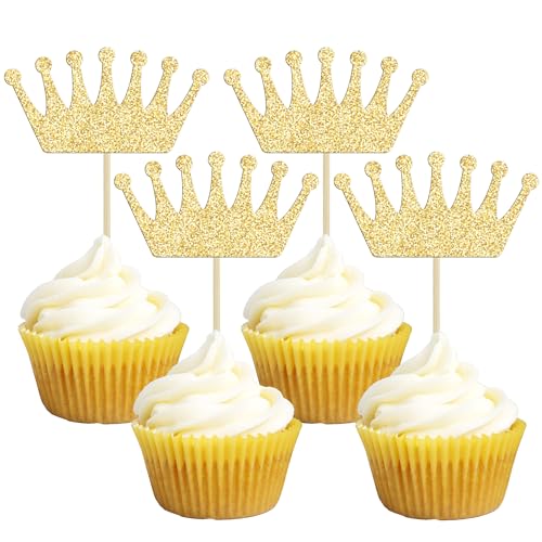 Gyufise 24 Stück Krone Cupcake Topper Gold Glitter Queen Crown Cupcake Picks für Queen Princess Thema Baby Shower Mädchen Hochzeit Geburtstag Party Kuchen Dekorationen Zubehör von Gyufise