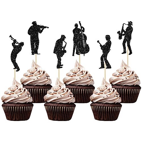 Gyufise 24 Stück Musiker Cupcake Topper Glitzer Saxophon Silhouette Musik Play Note Cupcake Picks Musik Konzert Kuchen Dekorationen für Hochzeit Verlobung Brautdusche Geburtstag Party Supplies Schwarz von Gyufise