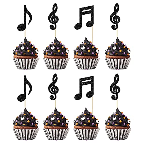 Gyufise 24 Stück Musiknoten Cupcake Topper Schwarz Glitzer Musiksymbol Cupcake Picks für Rockmusik Konzert Thema Babyparty Hochzeit Geburtstag Party Kuchen Dekorationen Zubehör von Gyufise