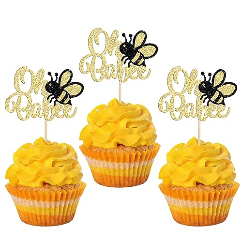 Gyufise 24 Stück Oh Babee Cupcake Toppers Glitzer Hummel Cupcake Picks Oh Baby Kuchen Dekorationen für Bienen Thema Baby Shower Kinder Geburtstag Party Supplies Gold von Gyufise