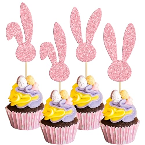 Gyufise 24Pcs Ostern Bunny Ohr Cupcake Toppers Rosa Glitter Kaninchen Kuchen Topper Happy Easter Kuchen Dekorationen Für Bunny Ostern Thema Frühling Geburtstag Babyshower Party Dekorationen von Gyufise